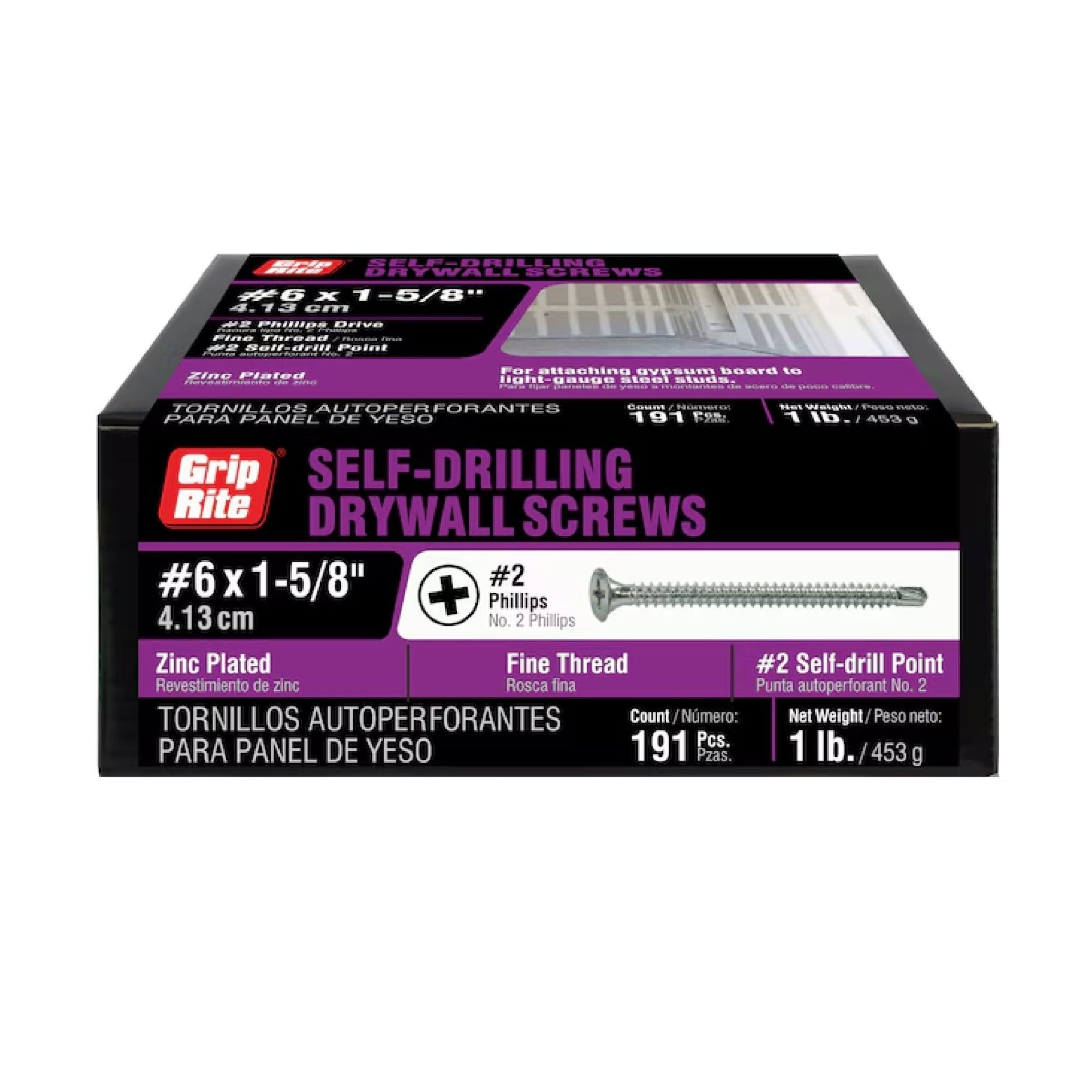 The GRIP-RITE 158ZSDS1 pack includes 191 #6 x 1-5/8 zinc-plated drywall screws, with a #3 self-drill bugle head and fine thread. They meet ASTM C1002 standards and weigh 1 lb (453 g), packaged mainly in black and red.
